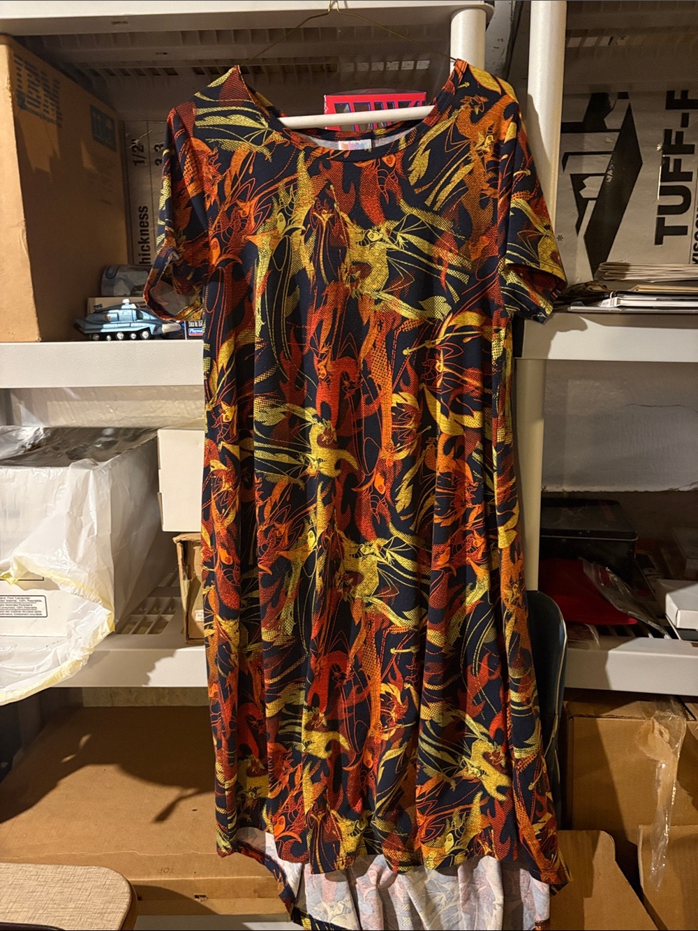 Women’s LuLaRoe Maleficent Carly  Swing Dress with Orange & Yellow Accents sz M